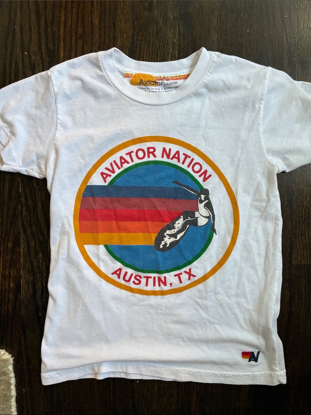 Aviator Nation White Tee with Multicolor Austin TX Logo